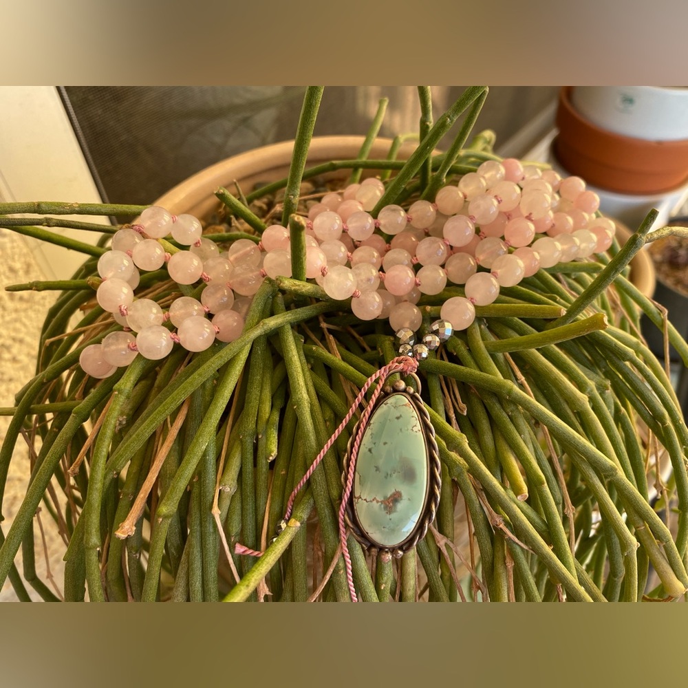 Rose Quartz, Pyrite and Turquoise Mala Necklace - Picture 4 of 9